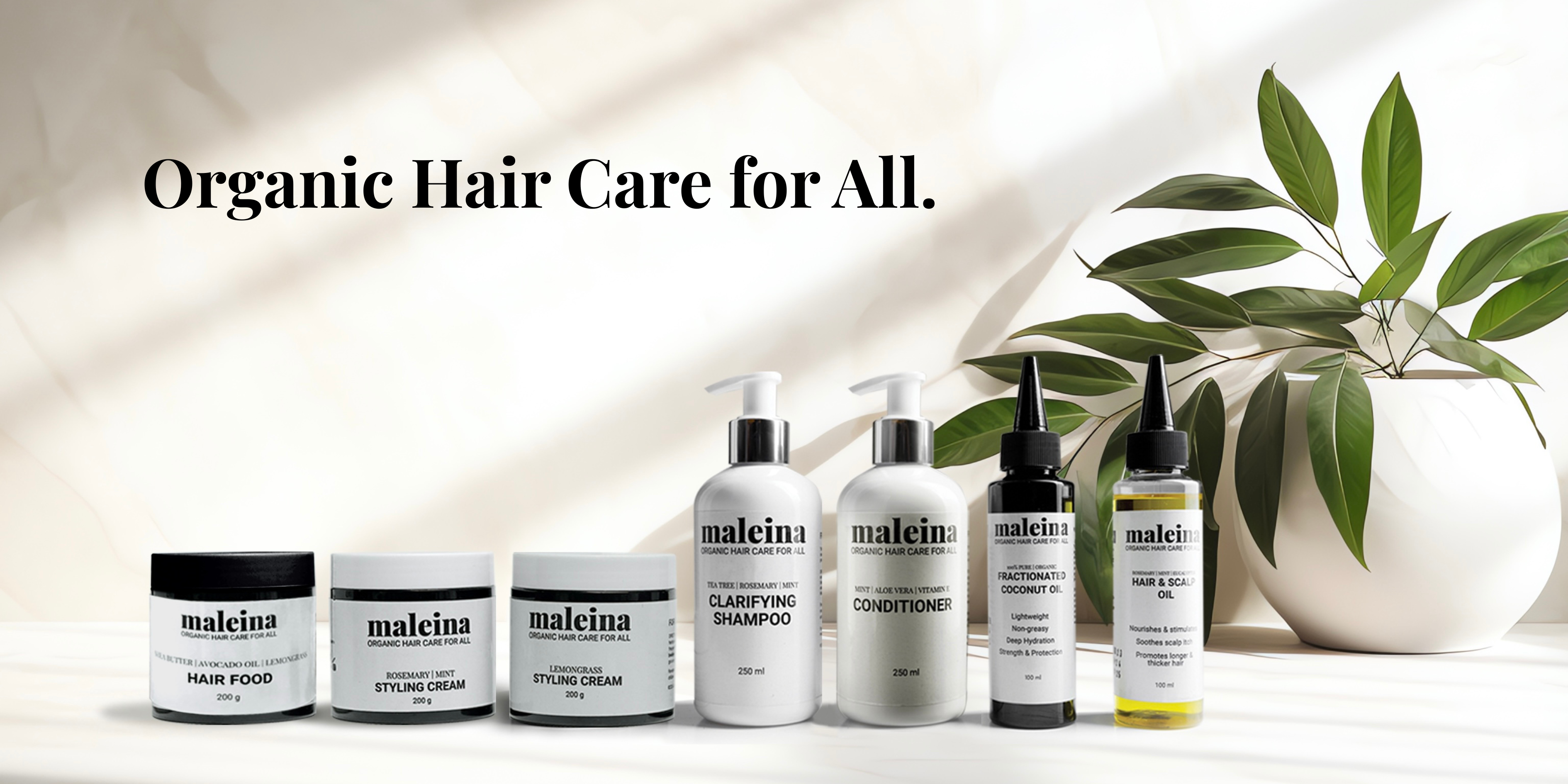 Maleina product range: hair creams, oil, hair food, shampoo, conditioner.